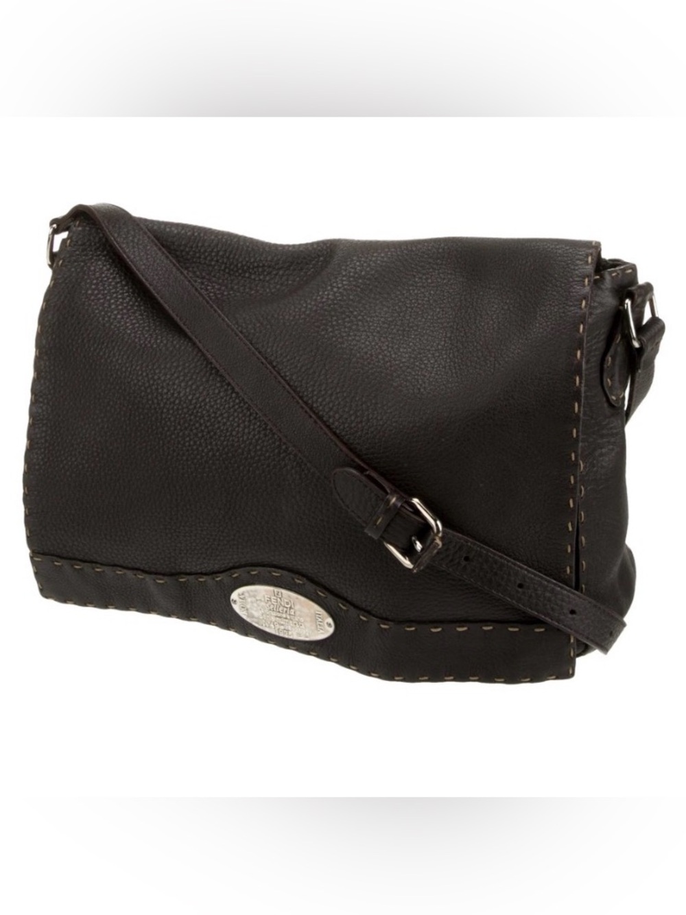 Fendi Dark Brown Pebbled Leather Messenger Bag with Silver Plaque